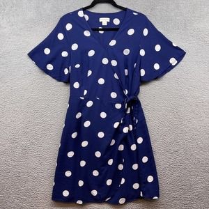 Peyton Parker Womens Wrap Dress Blue Polka Dot Short Flare Sleeve V-Neck Size L